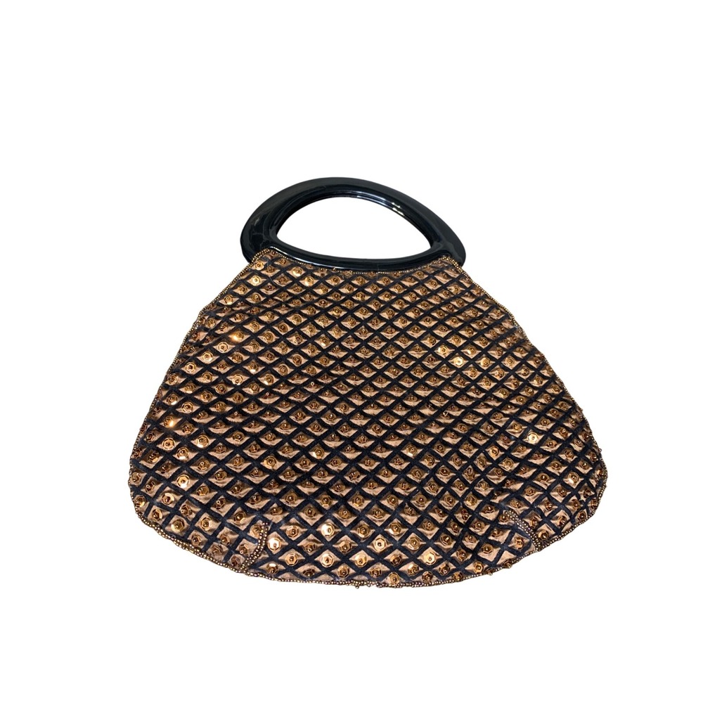 Vintage Black Beaded Sequin Evening Bag Top‎ Handle Party Purse